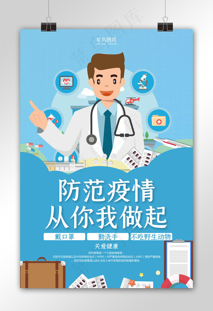 新型冠状病毒医生蓝色扁平海报