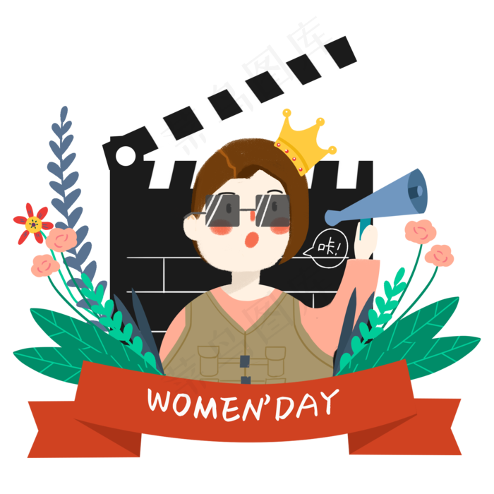 女神节小清新风格戴着王冠的女导,免抠元素
