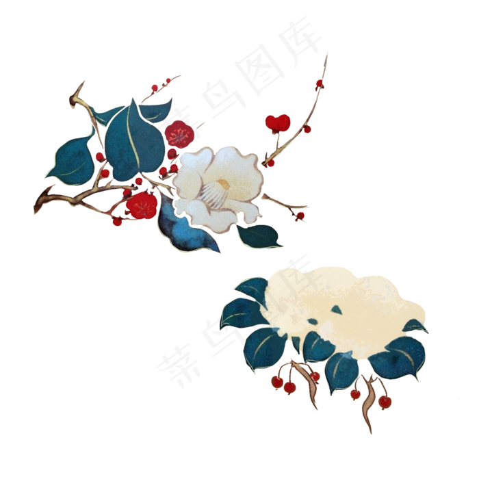 中国风水墨百花红果花卉工笔留白,免抠元素