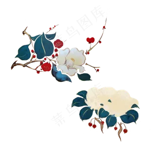 中国风水墨百花红果花卉工笔留白,免抠元素