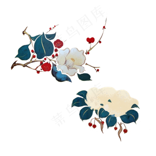 中国风水墨百花红果花卉工笔留白,免抠元素
