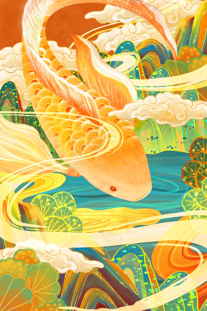 北冥有鱼国潮风插画