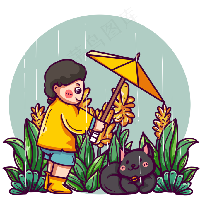 雨水小猫撑伞,免抠元素