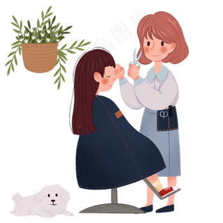 剪发的小女孩和植物,免抠元素