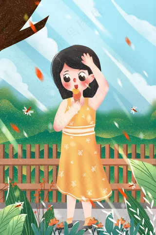 小清新小暑节气女孩郊外吃冰淇淋