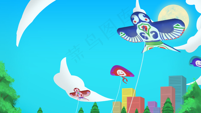 夏天民生放风筝城市(2880X1620(DPI:300))psd模版下载