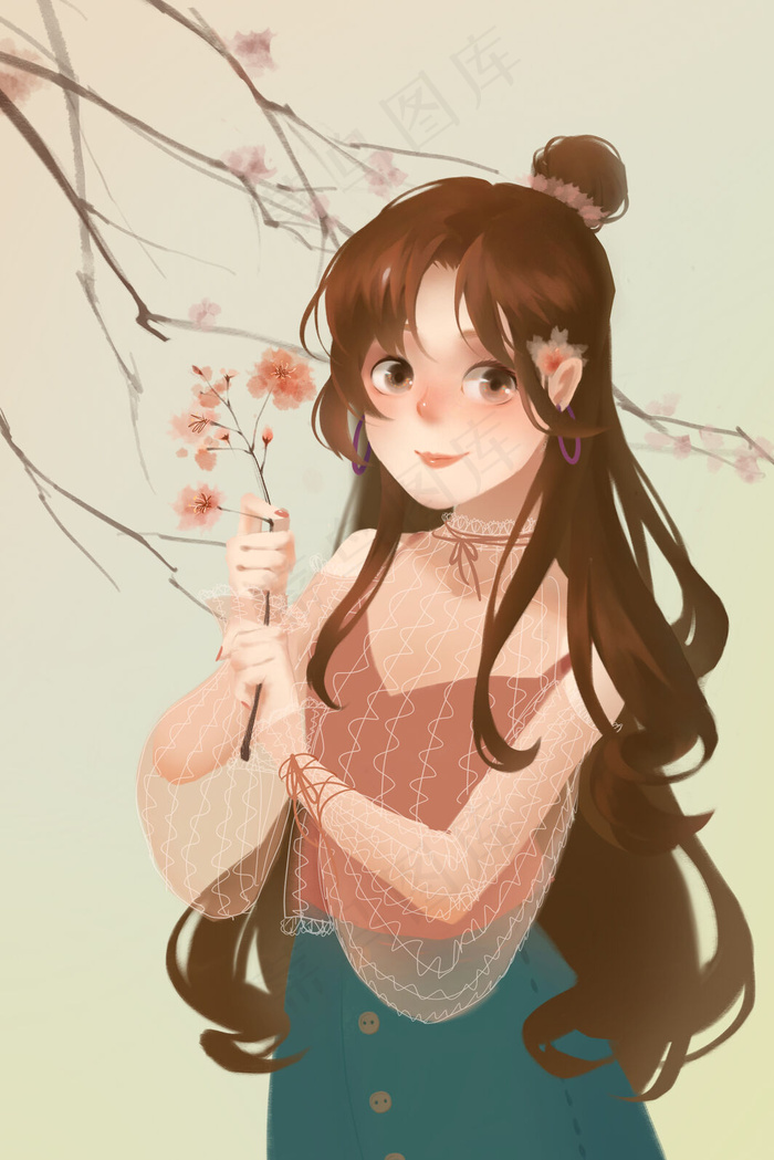 卡通手绘清新浪漫唯美春天粉樱花与文艺少女(3545X5315(DPI:300))psd模版下载