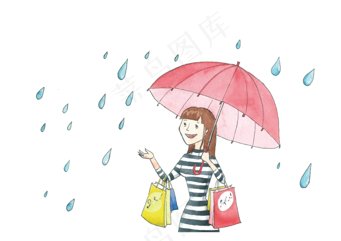 水彩下雨天购物的时尚女孩