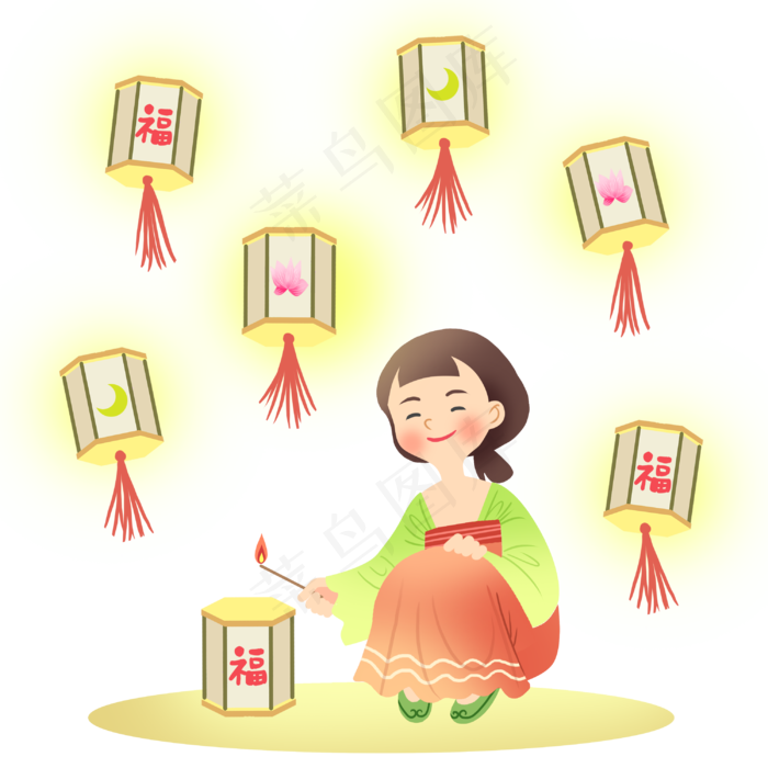 中元节点福灯女孩,免抠元素(3000X3000(DPI:300))psd模版下载