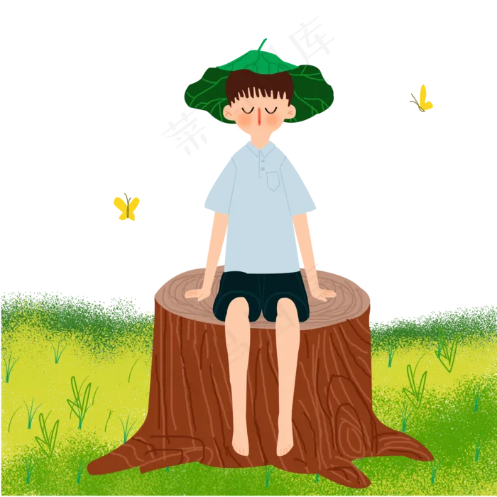 夏至坐在野外闭眼思考的男孩PNG(2000X2000(DPI:300))psd模版下载