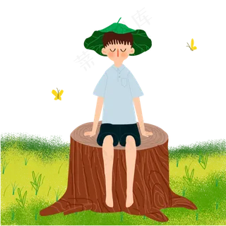 夏至坐在野外闭眼思考的男孩PNG