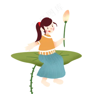 夏日可爱小女孩坐在荷花上