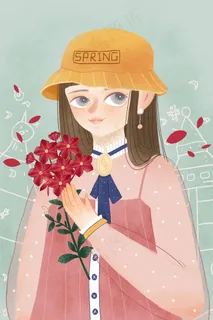 春天卡通唯美花与少女女孩拿着花配图 春天卡通唯美花与少女女孩拿着花配图