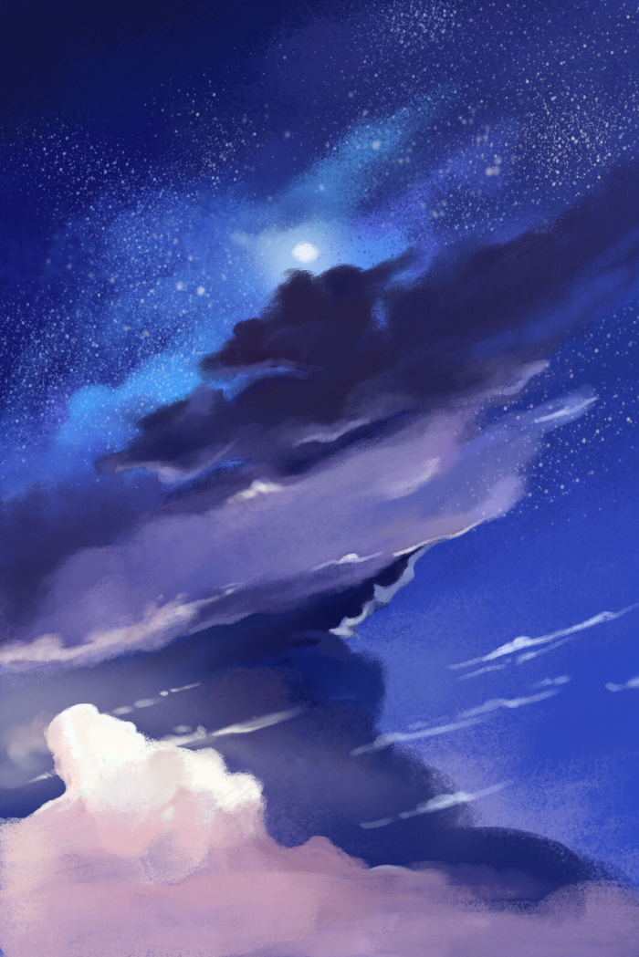 蓝色夜晚星云手绘风插画