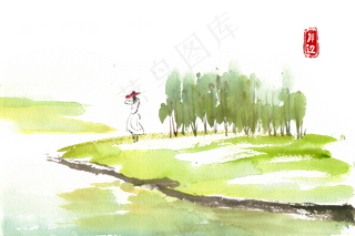 水彩画岸边的少女