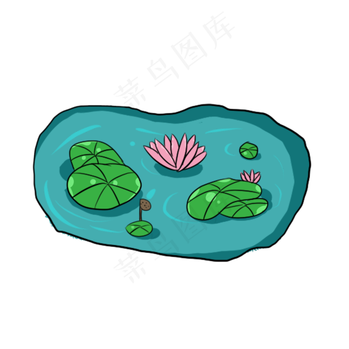 卡通手绘线条池塘插画