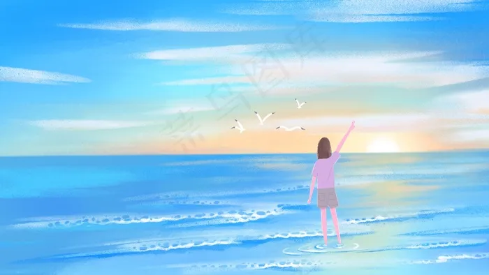 夏日海边风景和少女(2880*1620px 300 dpi )