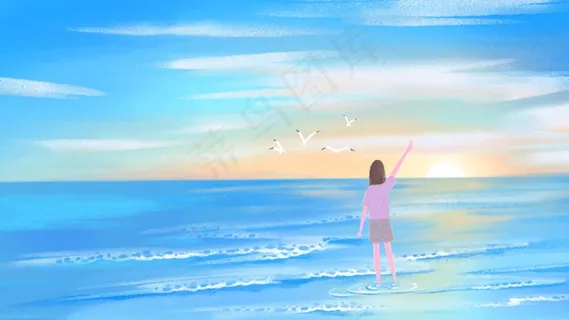夏日海边风景和少女 夏日海边风景和少女