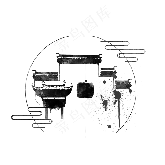 水墨古建筑插图,免抠元素