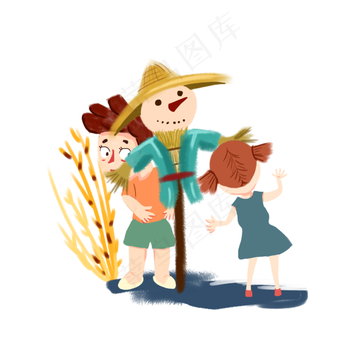 芒种夏天稻田夏日稻草人卡通手绘