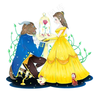 手绘童话故事美女和野兽卡通形象