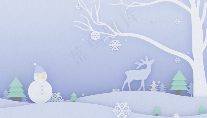 C4D圣诞节剪纸风雪人雪景海报