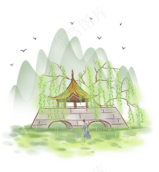 中国风柳树下的古人,免抠元素