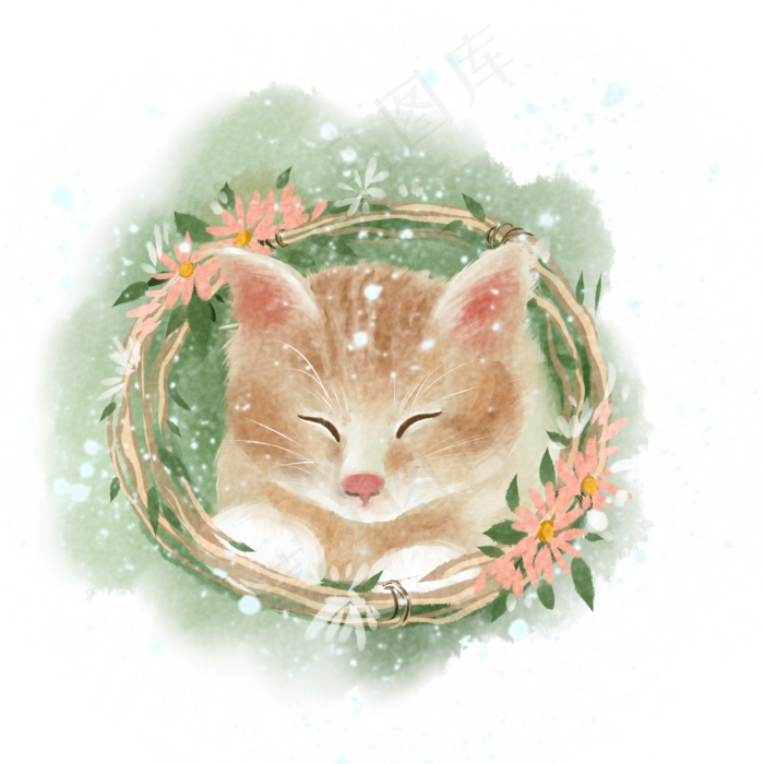 水彩花环猫咪(2000X2000(DPI:299))psd模版下载