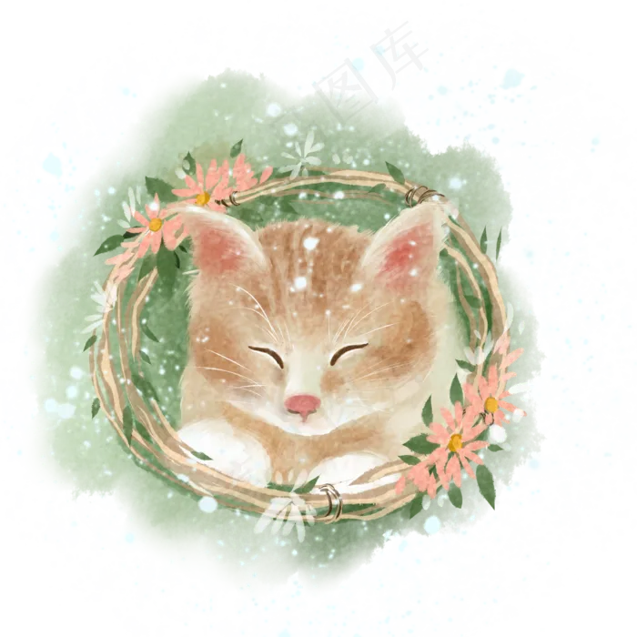 水彩花环猫咪(2000X2000(DPI:299))psd模版下载
