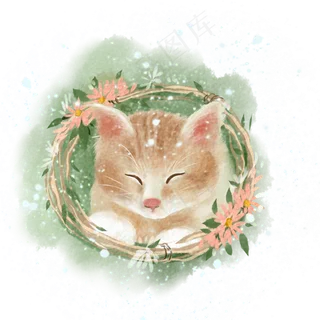 水彩花环猫咪