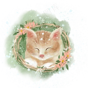水彩花环猫咪
