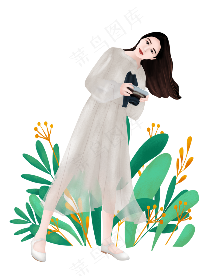 长发女神春游插画,免抠元素