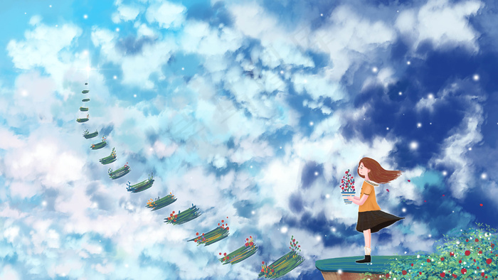 夏日天空女孩盆栽治愈系风景(2880*1620px 300 dpi )psd模版下载