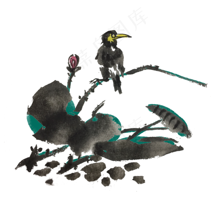 水墨风喜鹊荷花荷叶手绘插画,免抠元素