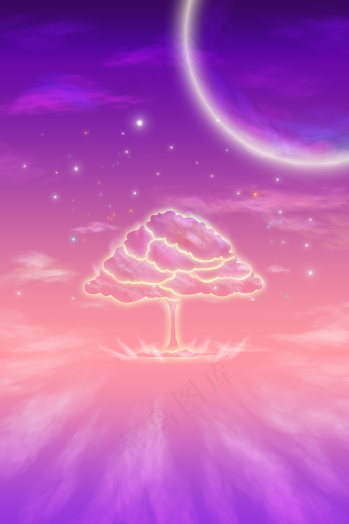 星空里发光的星球和树(3545*5315px 300 dpi )psd模版下载