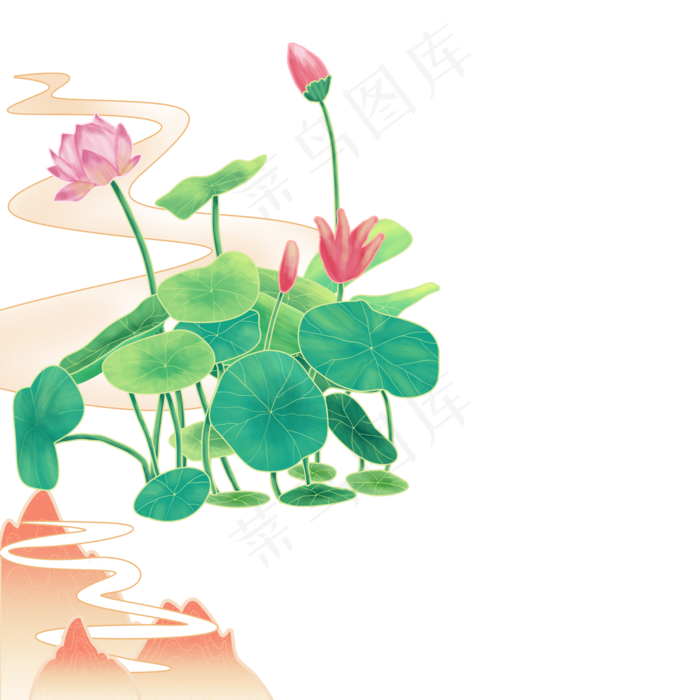 卡通绿色的荷叶和花朵(2000X2000(DPI:300))psd模版下载