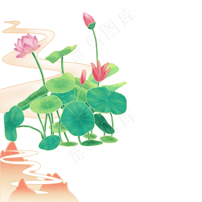 卡通绿色的荷叶和花朵(2000X2000(DPI:300))psd模版下载