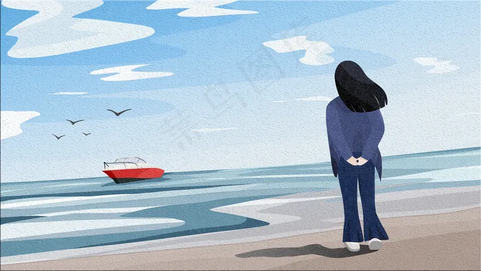 小女孩站在沙滩上望着大海(2880X1620(DPI:300))psd模版下载