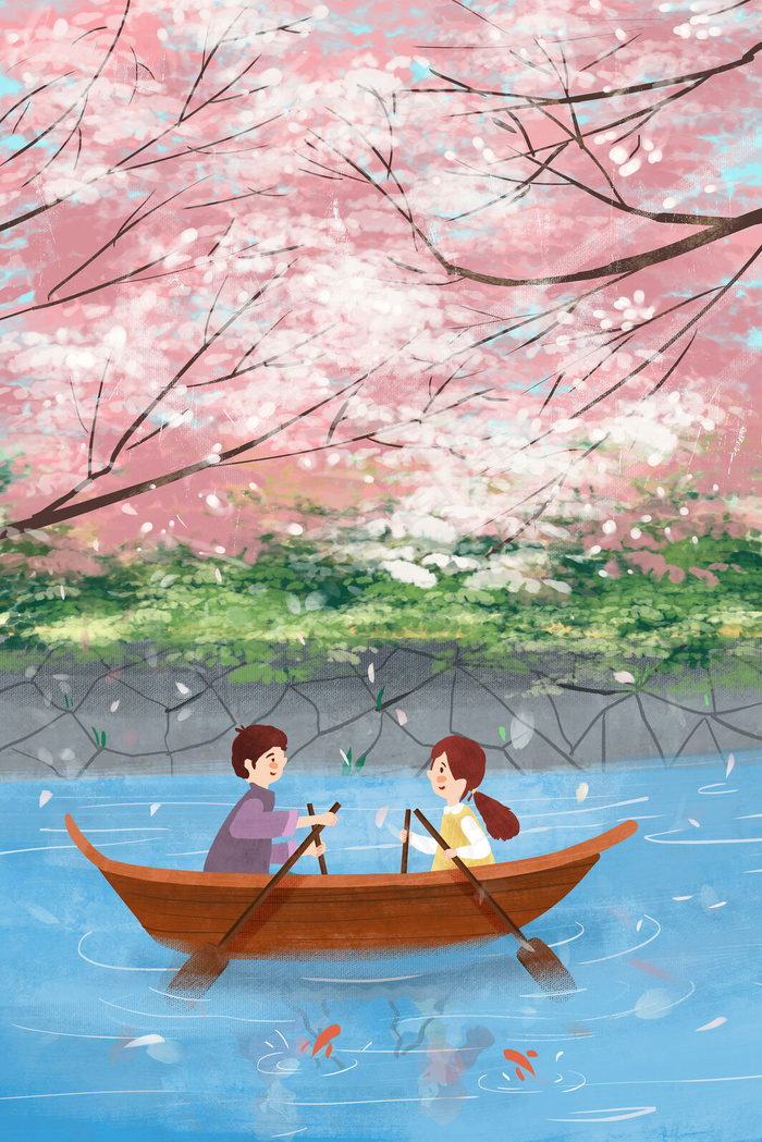 情侣湖边泛舟欣赏樱花浪漫之旅