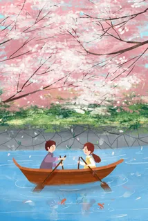 情侣湖边泛舟欣赏樱花浪漫之旅