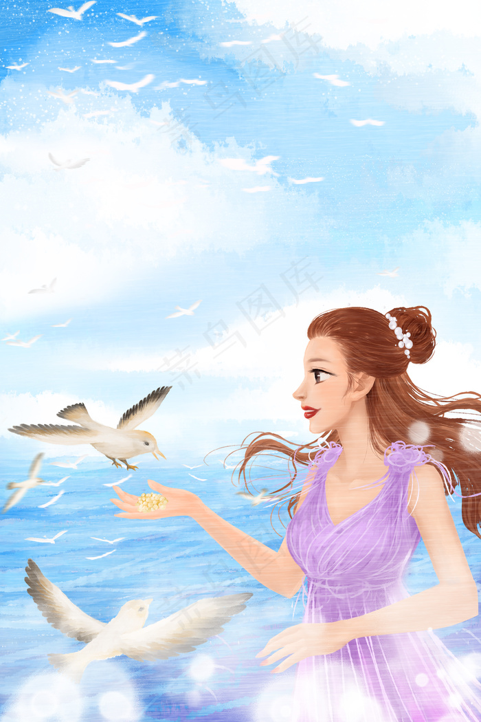 夏天海边度假的女孩和飞鸟