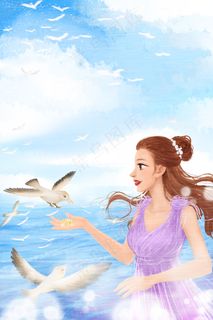 夏天海边度假的女孩和飞鸟