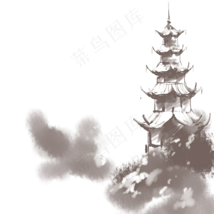 一座水墨风格的宝塔,免抠元素(2000*2000px 300 dpi )psd模版下载