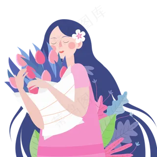 抱着鲜花的女孩卡通png素材