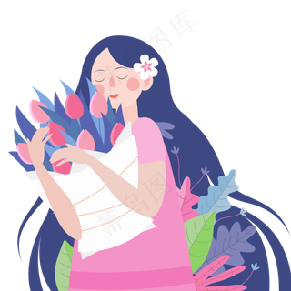 抱着鲜花的女孩卡通png素材