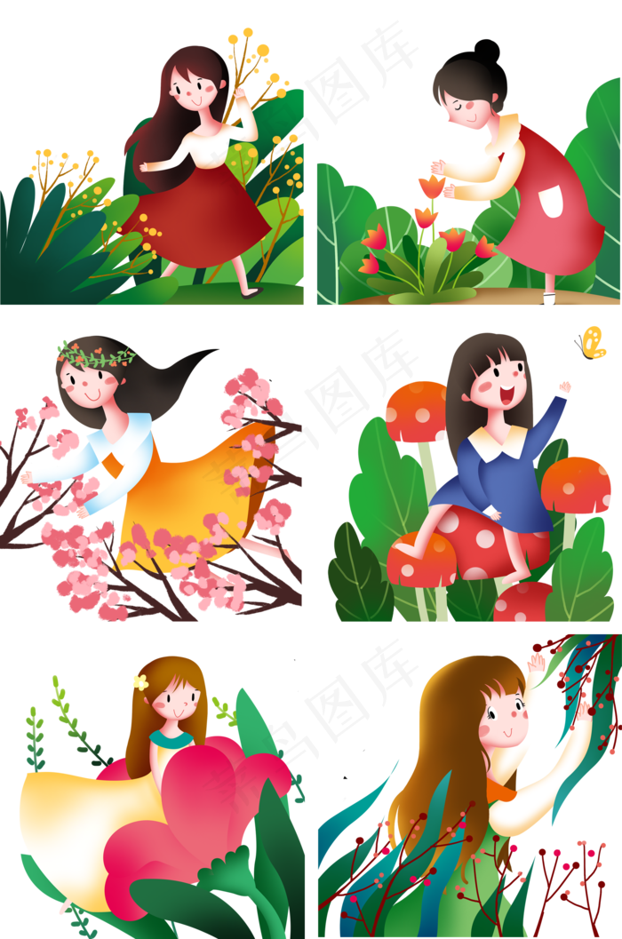 春分人物合集插画,免抠元素