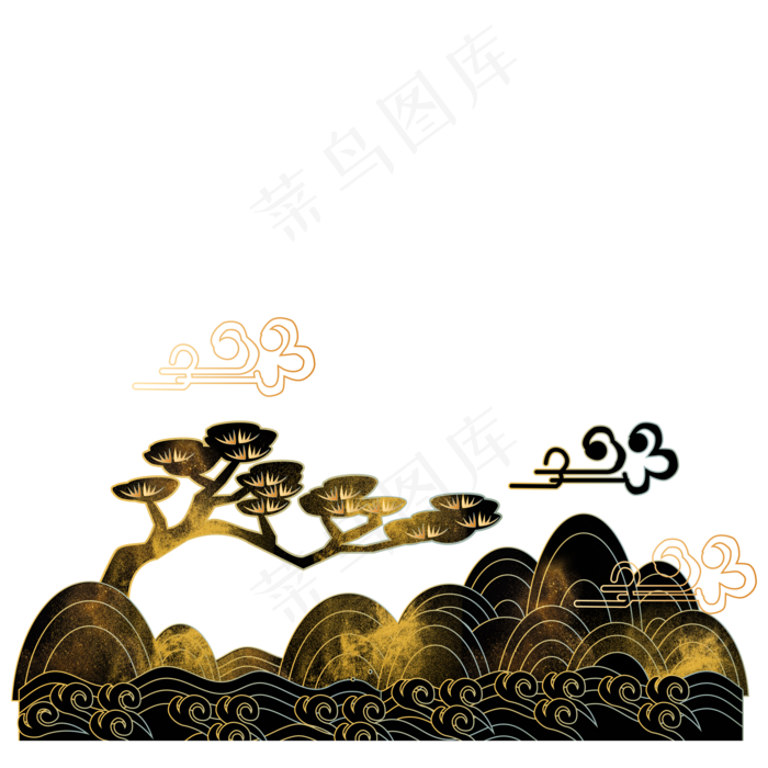 中国风描金烫金山水装饰,免抠元素