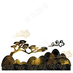中国风描金烫金山水装饰,免抠元素