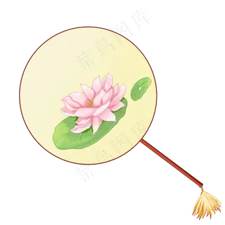 夏日古典圆扇装饰荷花,免抠元素