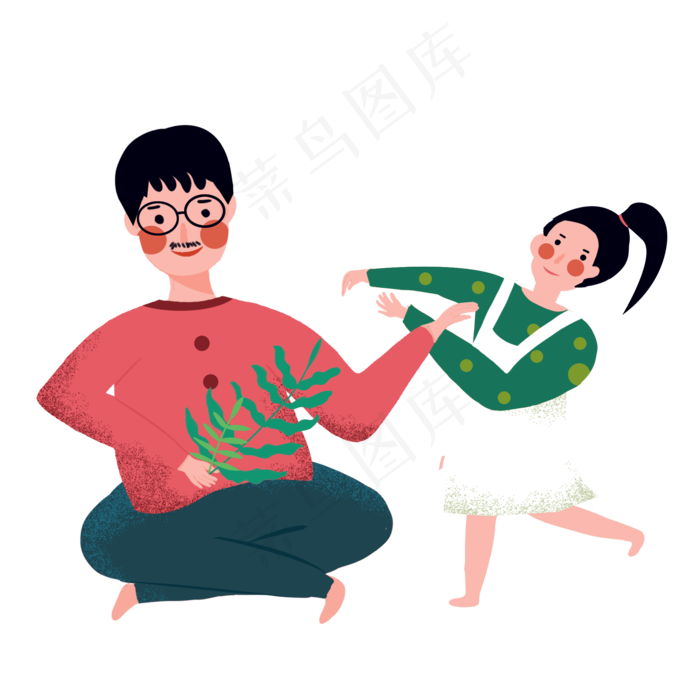 戴眼镜的爸爸和扎辫子的小女孩